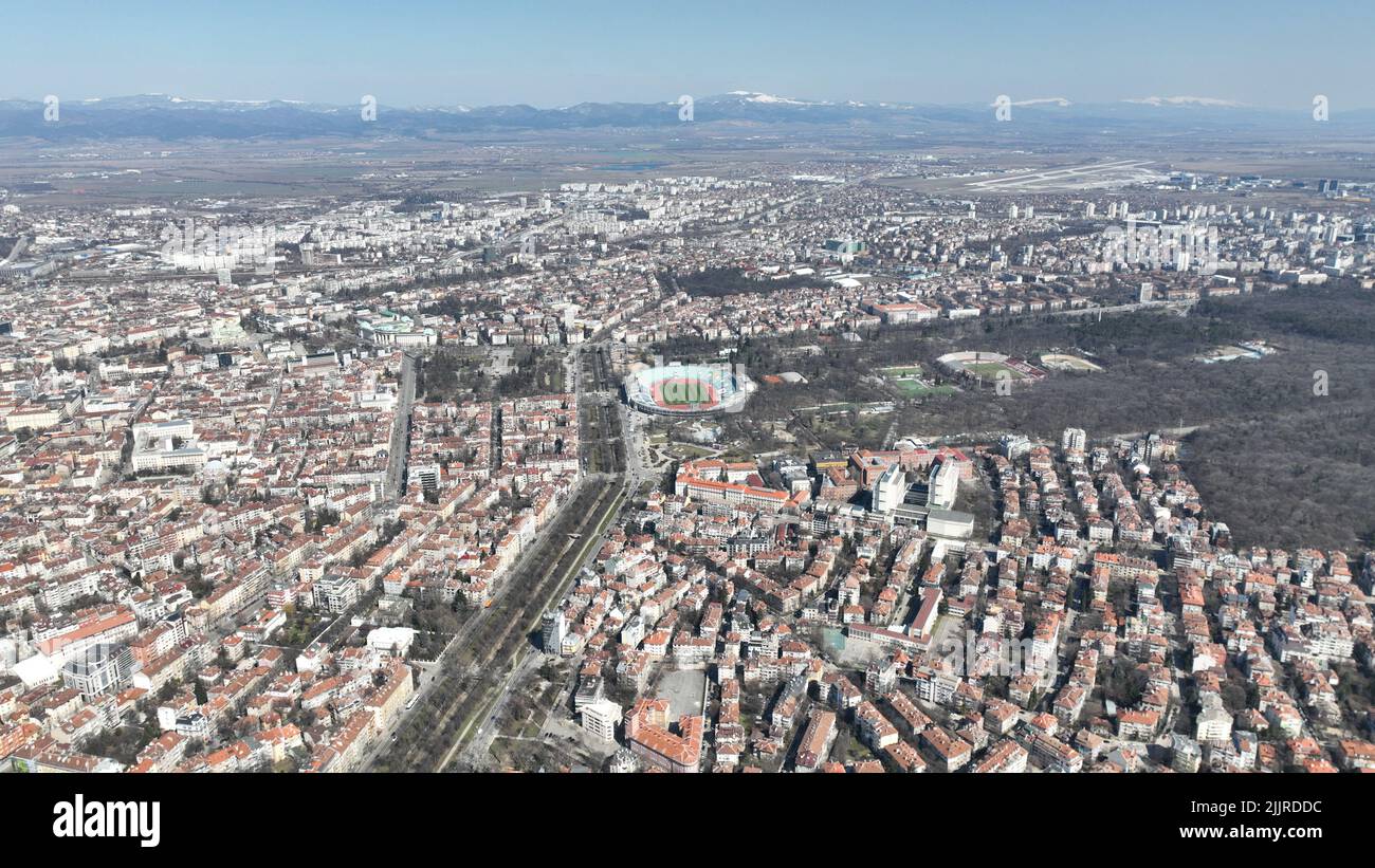 A Areal view of the city and National Stadium of Sofia Stock Photo