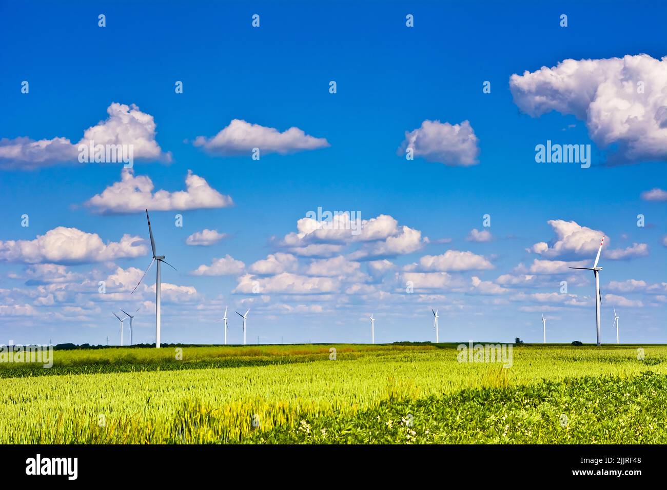 A wind turbines and green field on sunny day Stock Photo - Alamy