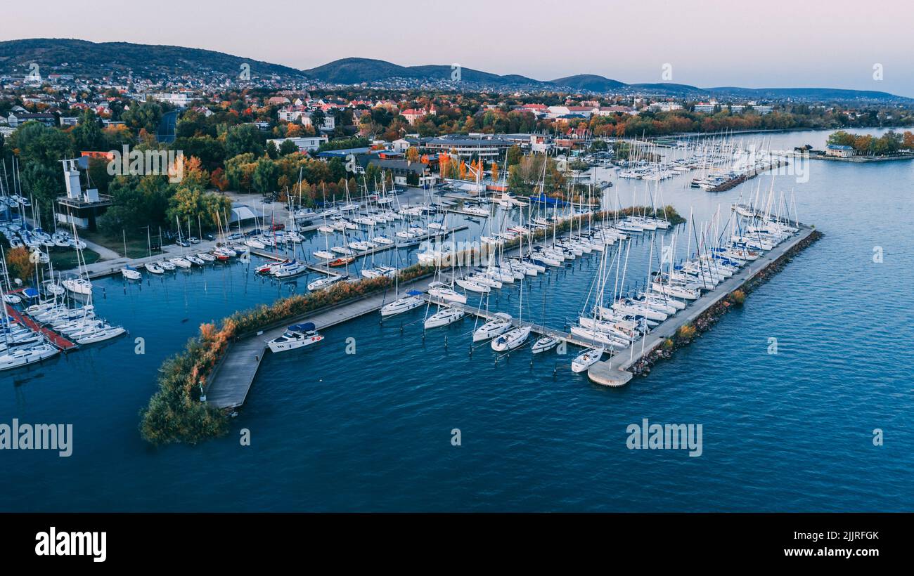 An aerial view of a port with moored yachts and boats Stock Photo - Alamy