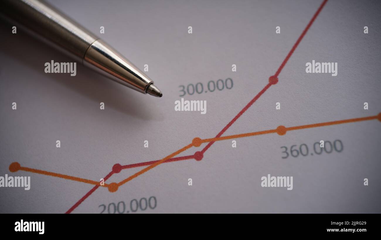 Silver pen on documents with colourful graphs with intersecting lines Stock Photo