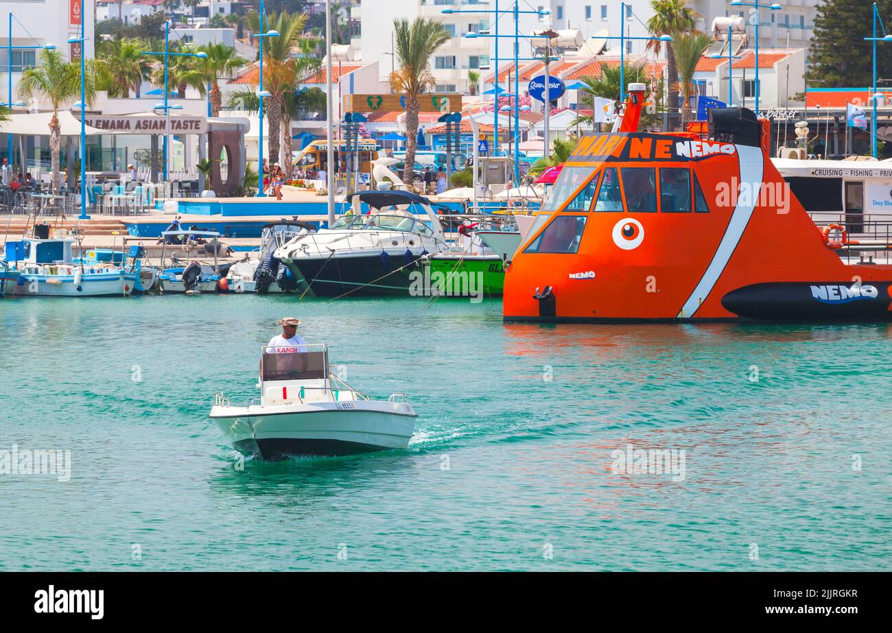 Ayia Napa, Cyprus - June 12, 2018: Motorboat leaves the marina of Agia Napa Stock Photo