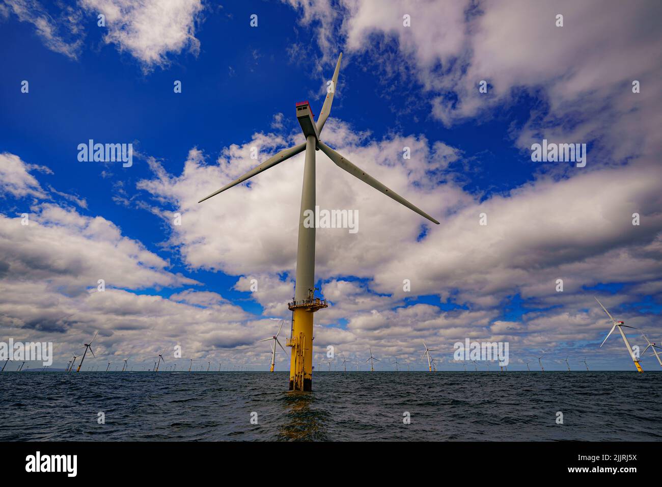 RWE's Gwynt y Mor, the world's 2nd largest offshore wind farm located eight miles offshore in Liverpool Bay, off the coast of North Wales. Picture date: Tuesday July 26, 2022. Stock Photo