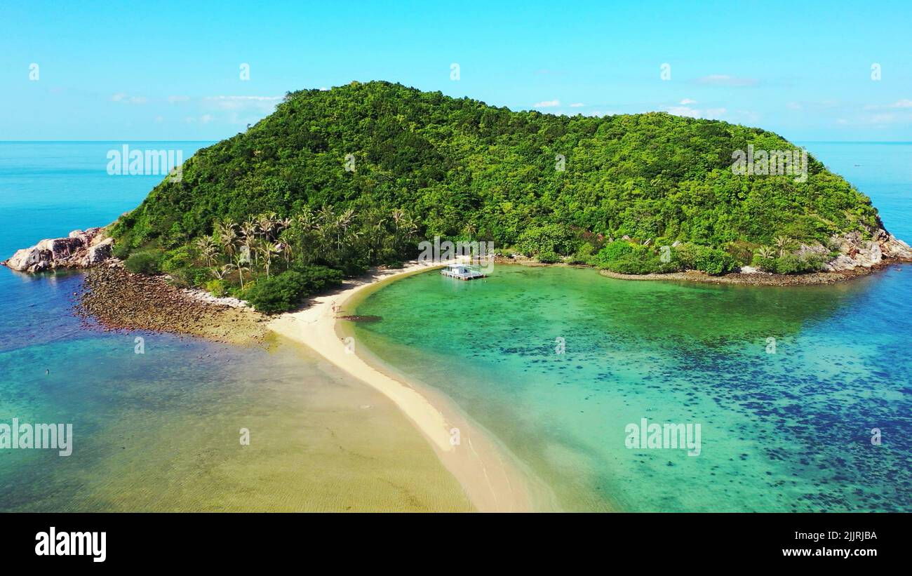 An aerial view of corals near lush green island Stock Photo - Alamy