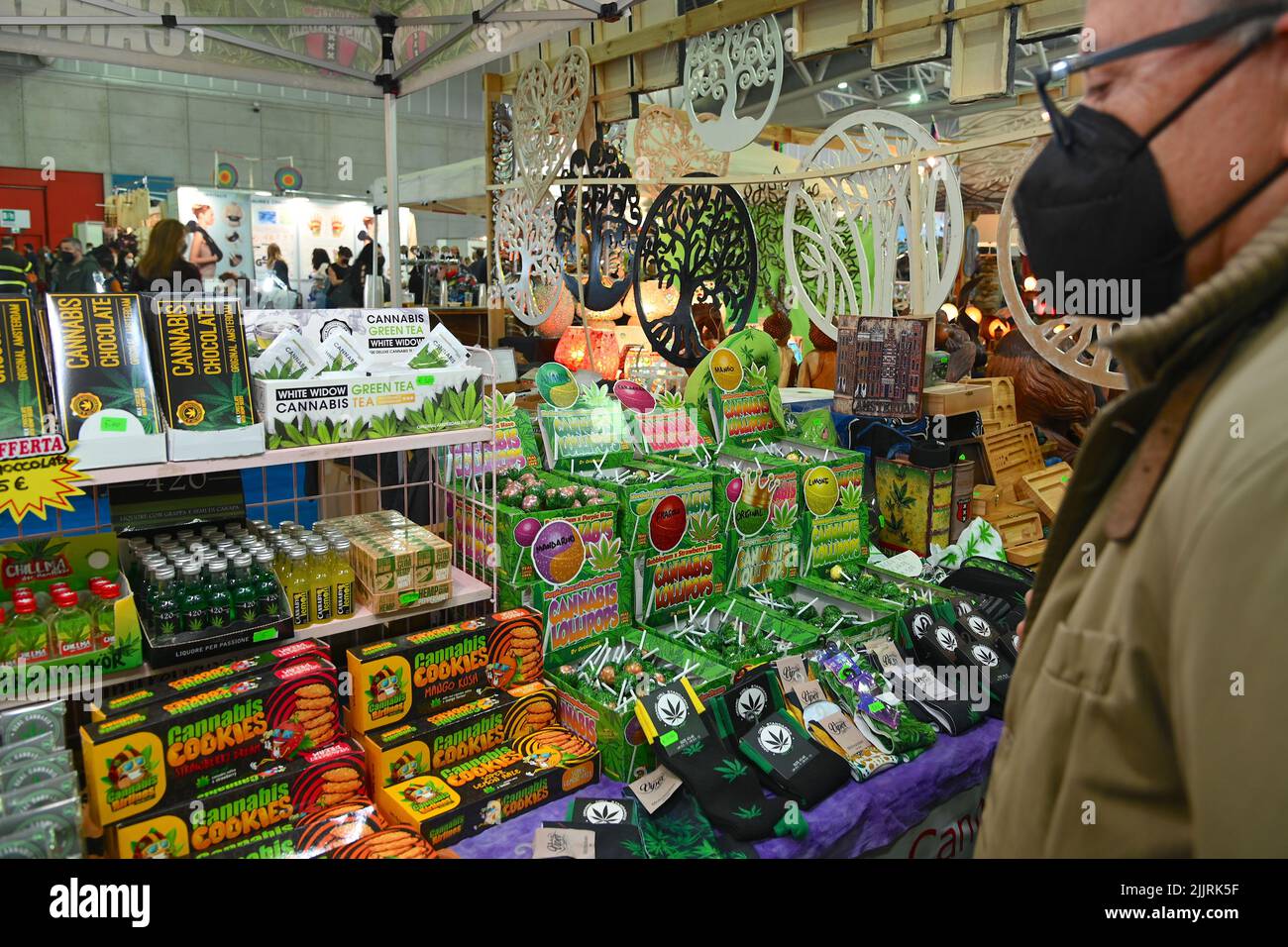 A display of legal hemp food products at Health and wellness fair in Turin, Italy Stock Photo
