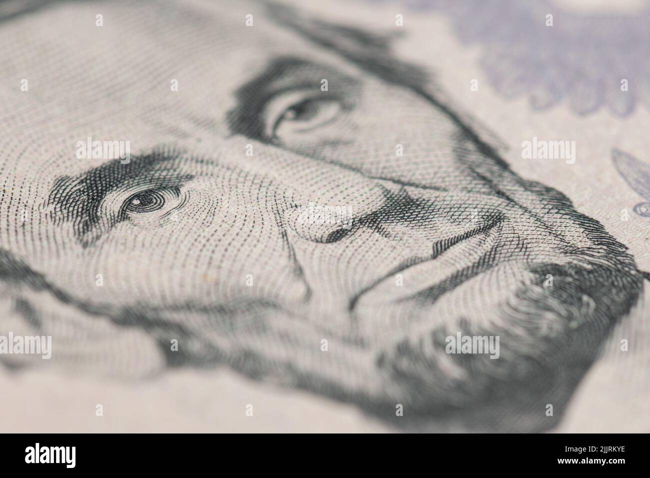 5 dollar bill close up, Portrait of Abraham Lincoln. U.S. president Stock Photo