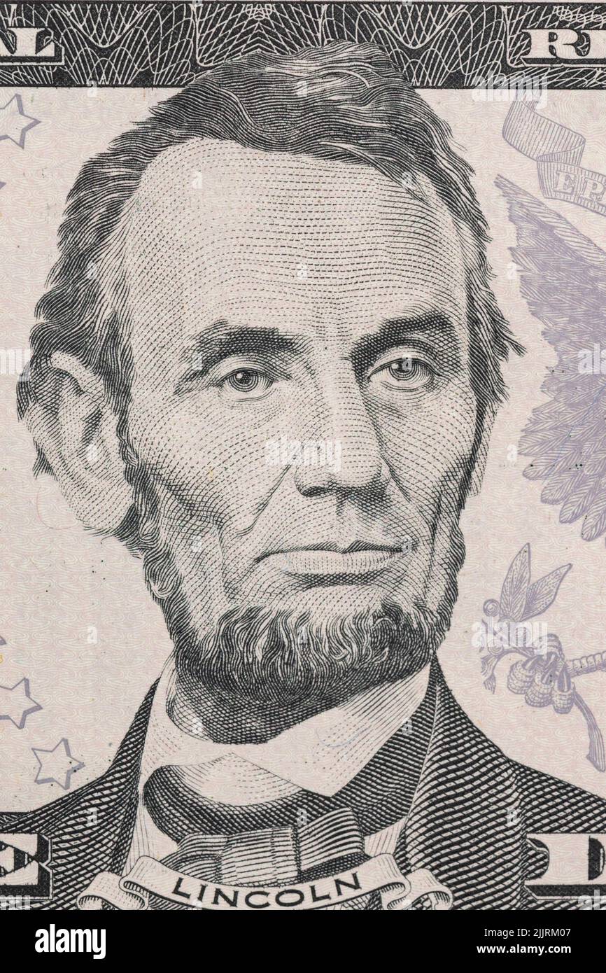 5 dollar bill close up, Portrait of Abraham Lincoln. U.S. president Stock Photo