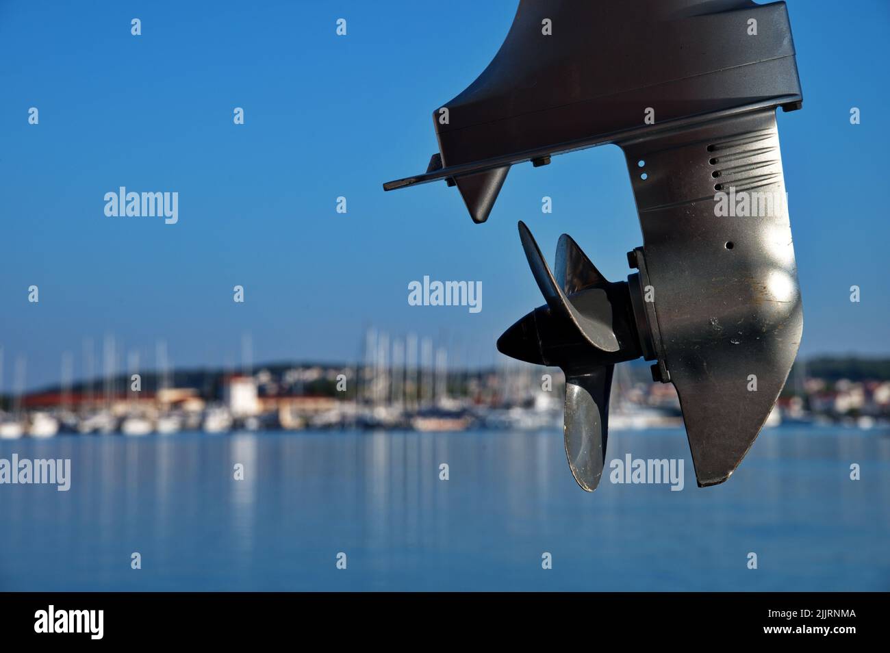 Sailing boat propeller against blue sea Stock Photo