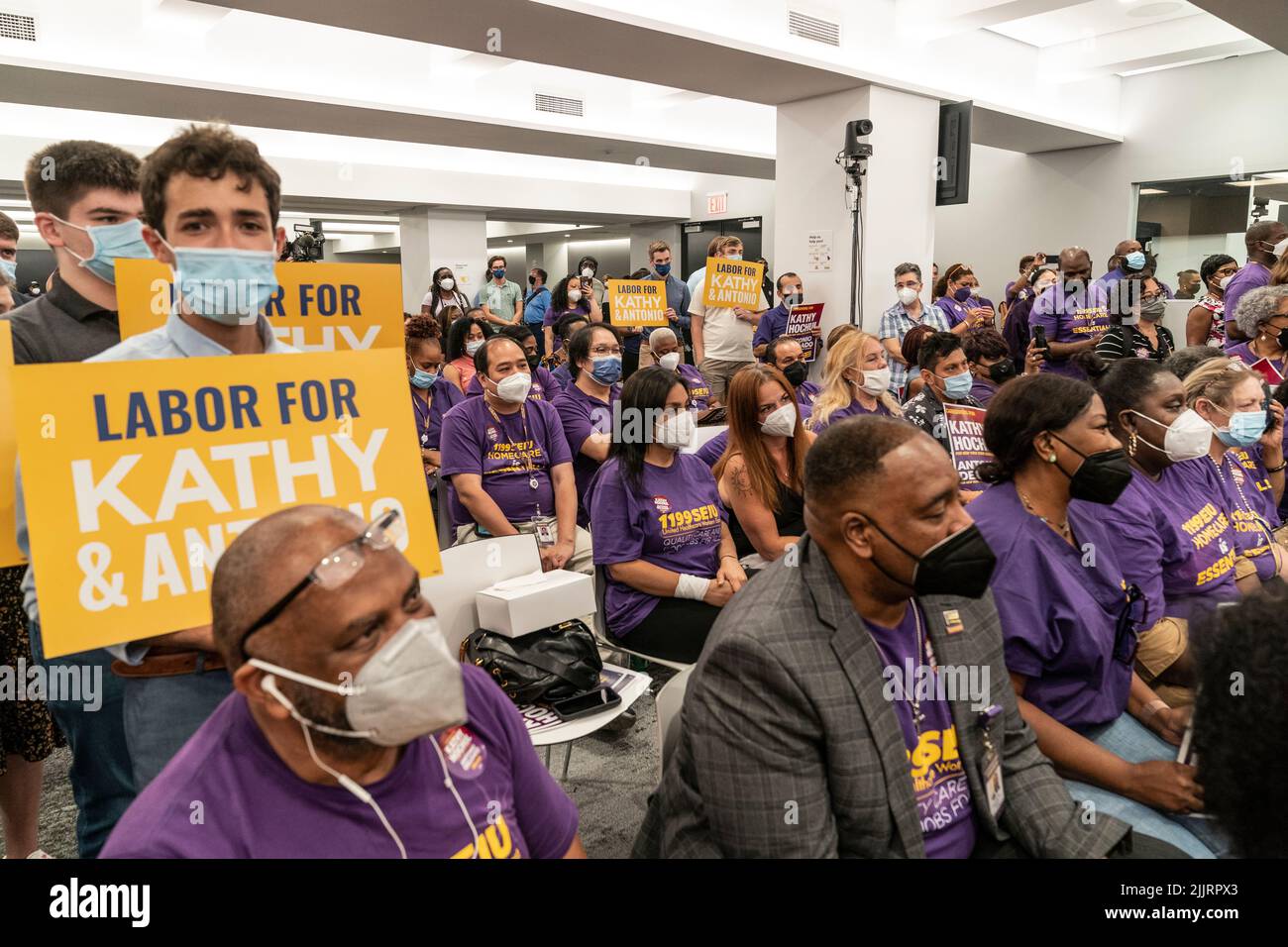 New York, NY July 27, 2022 Members of the union and activists attend rally at 1199 SEIU