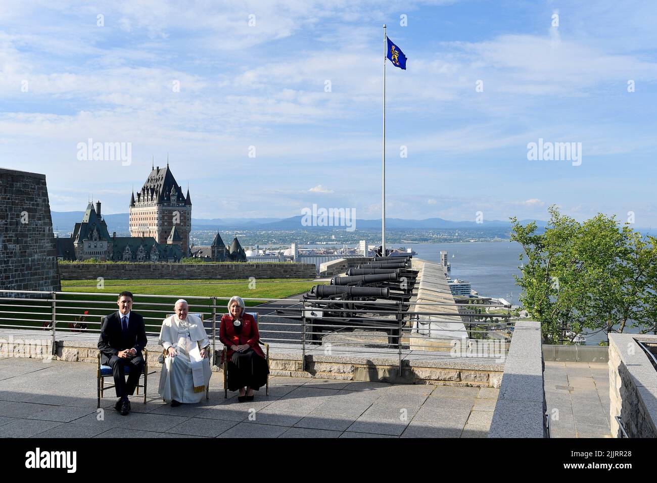Quebec City,  Canada,  27 July, 2022. Pope Francis is flanked by Canadian Prime Minister Justin Trudeau, left, and Governor-General Mary Simon, at the Citadelle de Quebec (photo by Vatican Media). Credit: Vatican Media/Picciarella/Alamy Live News Stock Photo