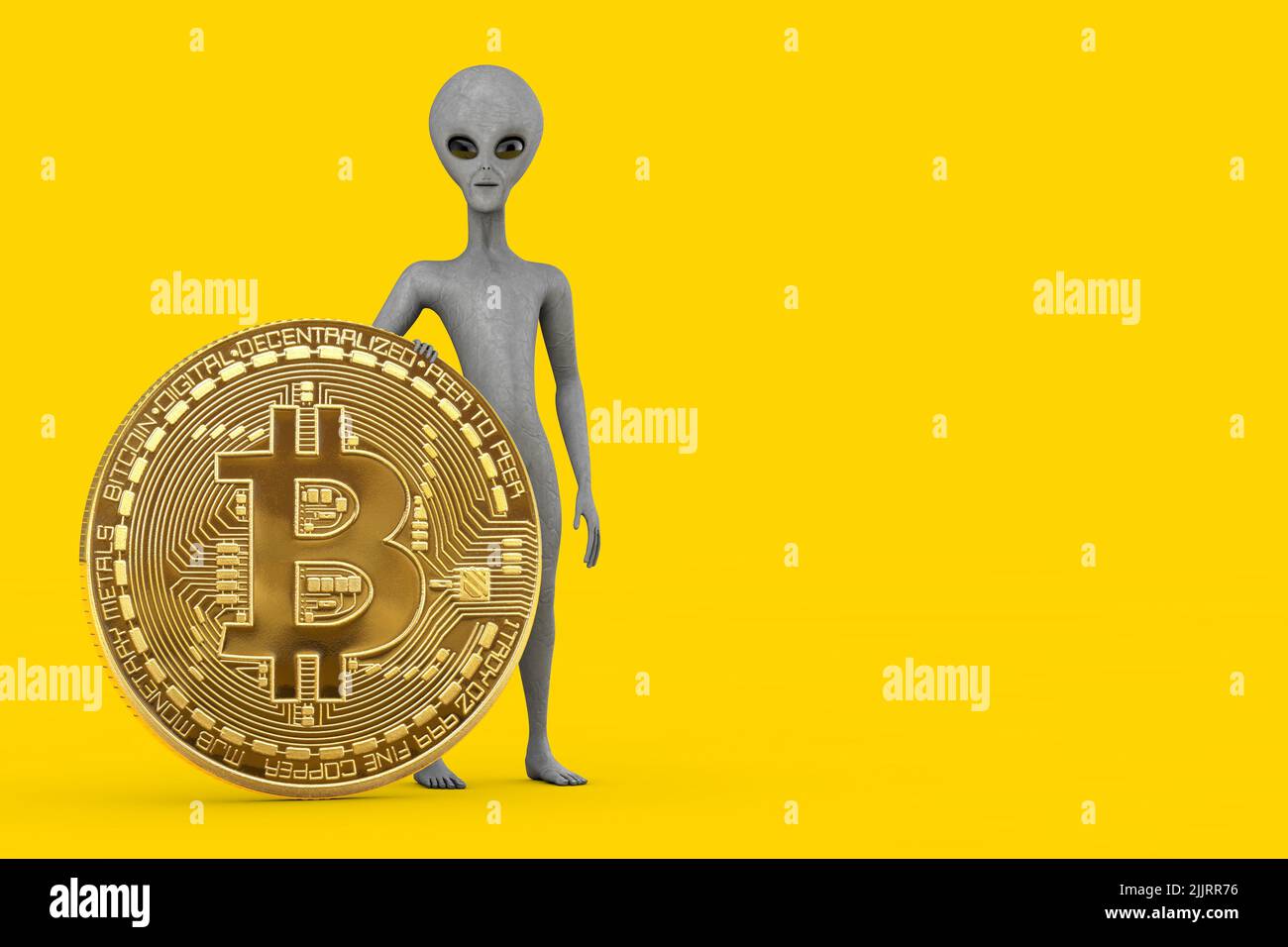 Scary Gray Humanoid Alien Cartoon Character Person Mascot with Digital and  Cryptocurrency Golden Bitcoin Coin on a yellow background. 3d Rendering  Stock Photo - Alamy