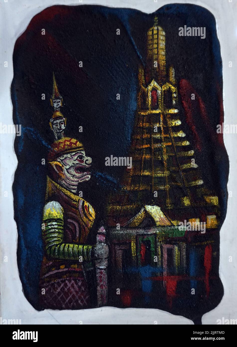 Art oil painting Ramayana story in the grand palace of bangkok , giant guardians Stock Photo