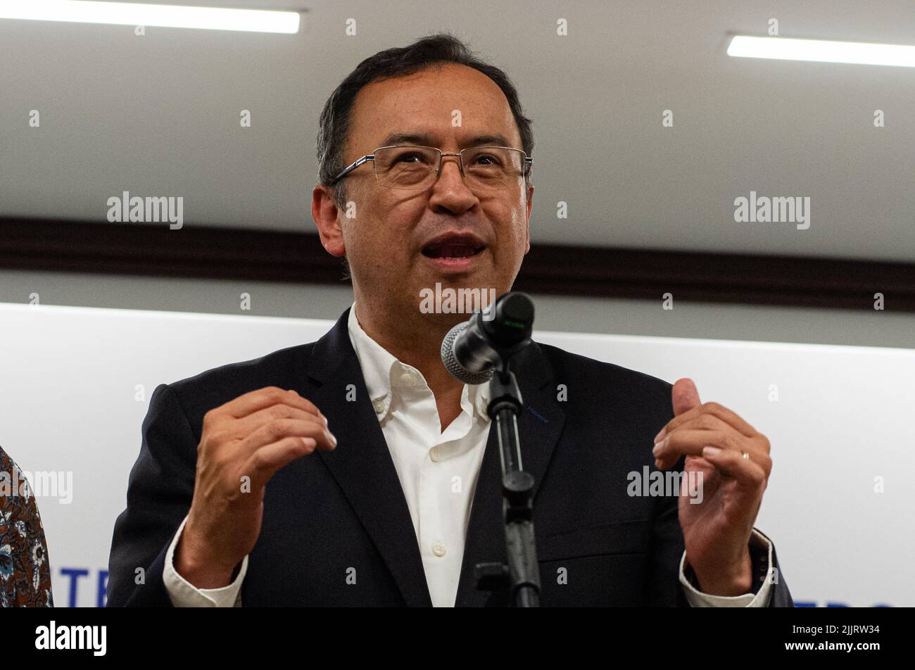 Alfonso Prada, former debate chief of President-elect Gustavo Petro gives a  press conference on advancements with mayors of Colombian cities, in  Bogota, Colombia on July 27, 2022. Photo by: S. Barros/Long Visual