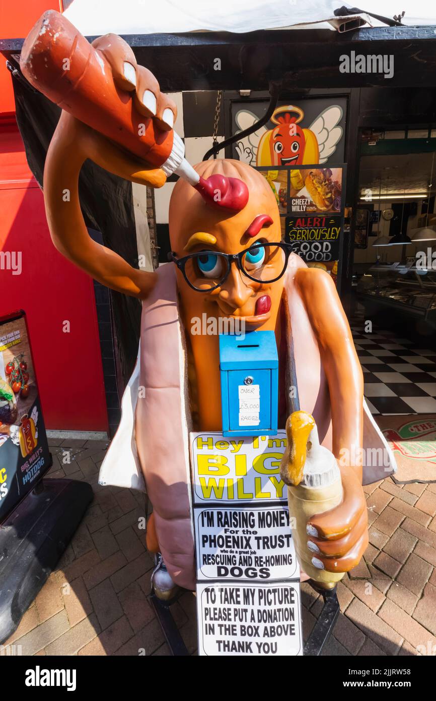 England, Dorset, Weymouth, Fast Food Take-away Shop, Comical Fund Raising Plastic Character Stock Photo
