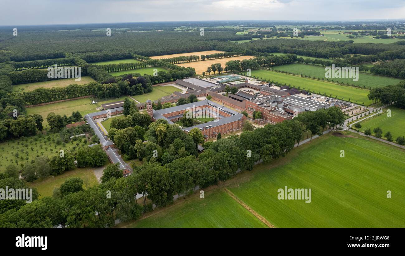 June 25th, 2022, Westmalle, Belgium, Aerial view of the abbey of Westmalle, with its beer brewery famous for its blonde, brown and trippel trappist beer. High quality photo Stock Photo