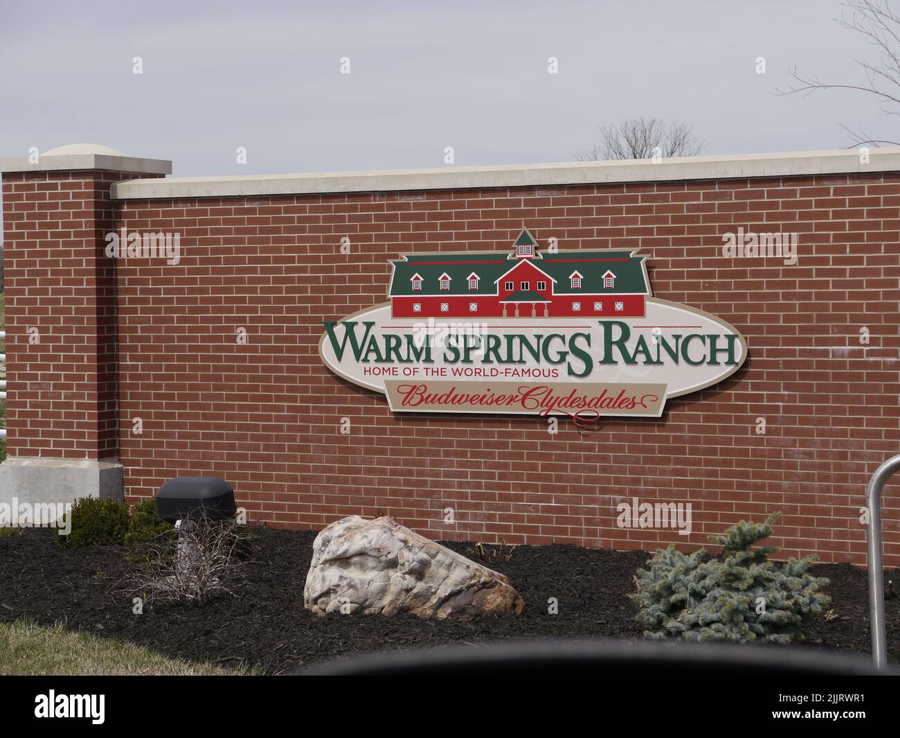 A closeup of the sign of Warm Springs Ranch in Boonville, Missouri