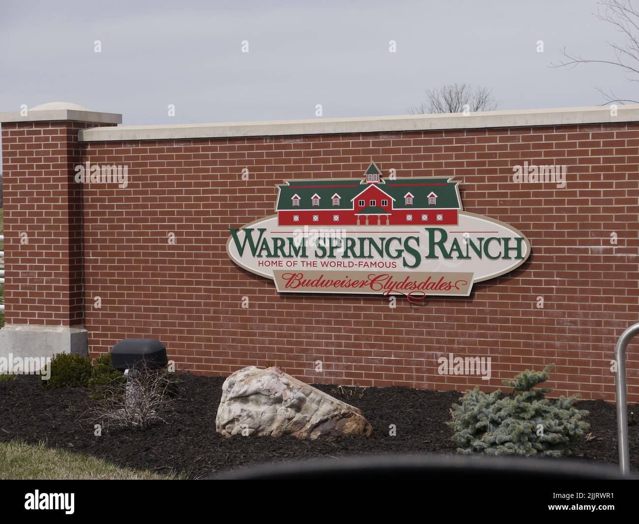 A closeup of the sign of Warm Springs Ranch in Boonville, Missouri, home of the Budweiser Clydesdales Stock Photo