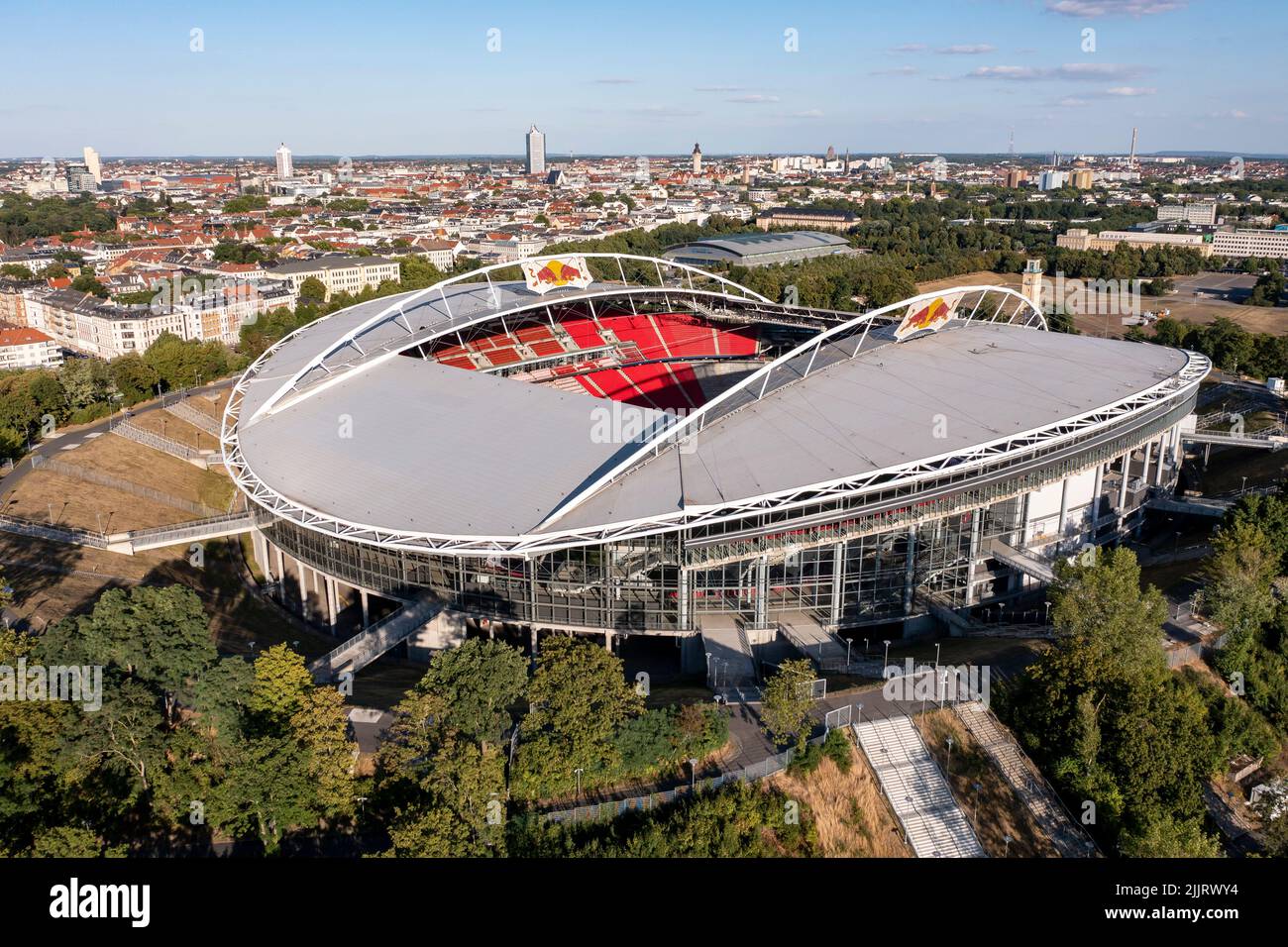 Afbrydelse Lære Bliver værre Leipzig, Germany. 27th July, 2022. View of the Red Bull Arena Leipzig, now  completely equipped with red seats. RB Leipzig's home arena holds up to  47,069 spectators. (Aerial view with drone) Credit: