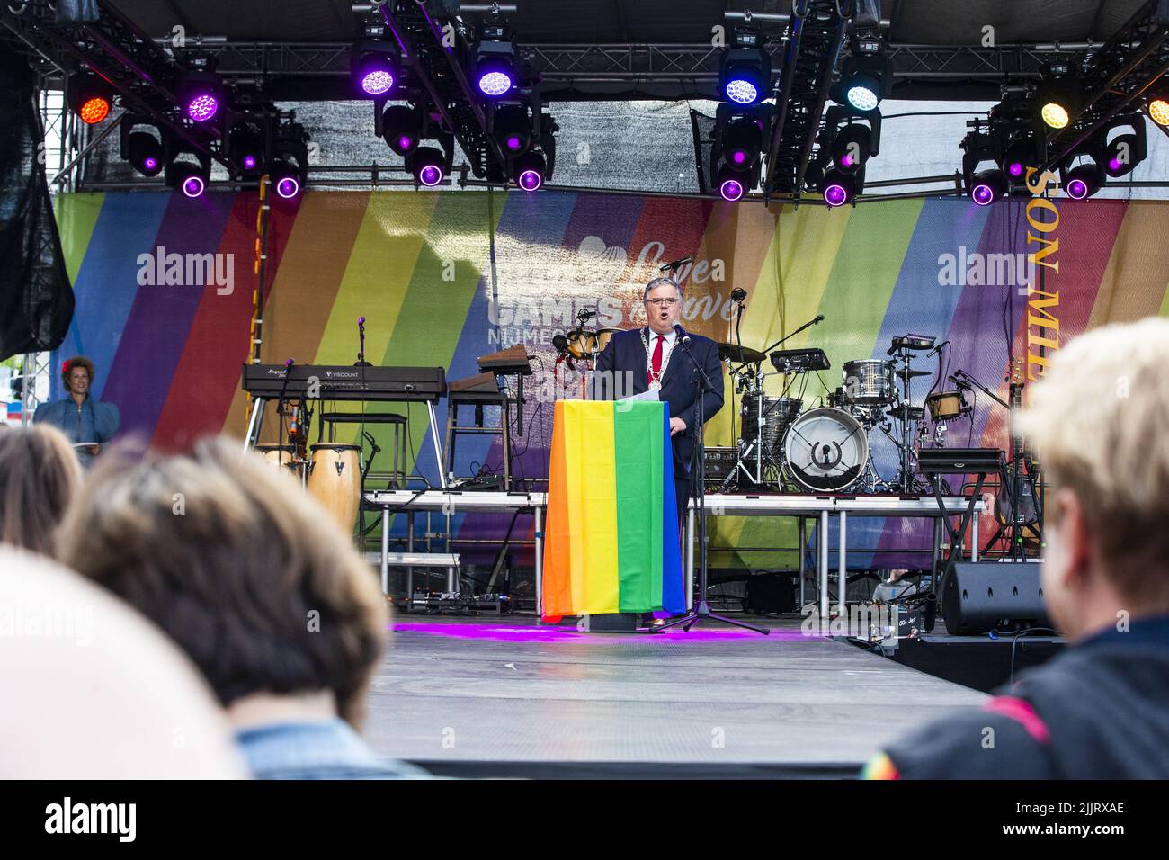 2022-07-27 19:58:41 NIJMEGEN - Mayor Hubert Bruls speaks during the opening of the EuroGames on the Waalkade. The LGBTQI+ sporting event is organized in a different city in Europe every year. ANP EVA PLEVIER netherlands out - belgium out Stock Photo