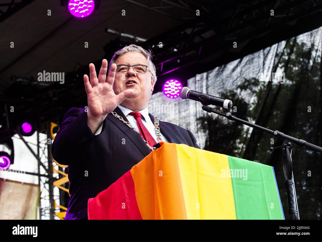 2022-07-27 19:57:19 NIJMEGEN - Mayor Hubert Bruls speaks during the opening of the EuroGames on the Waalkade. The LGBTQI+ sporting event is organized in a different city in Europe every year. ANP EVA PLEVIER netherlands out - belgium out Stock Photo