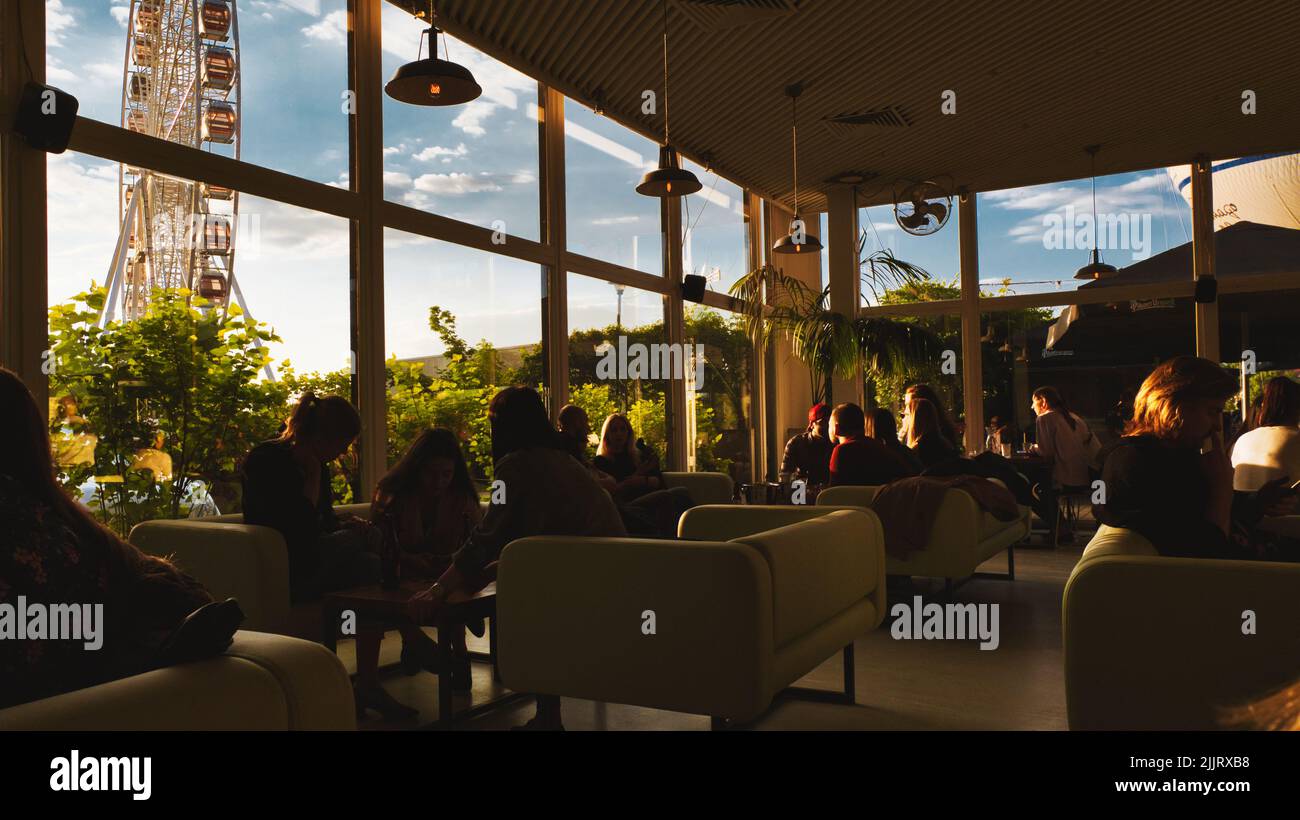 The sunny day at pub during 'FORUM' spring event in Krakow, Poland Stock Photo