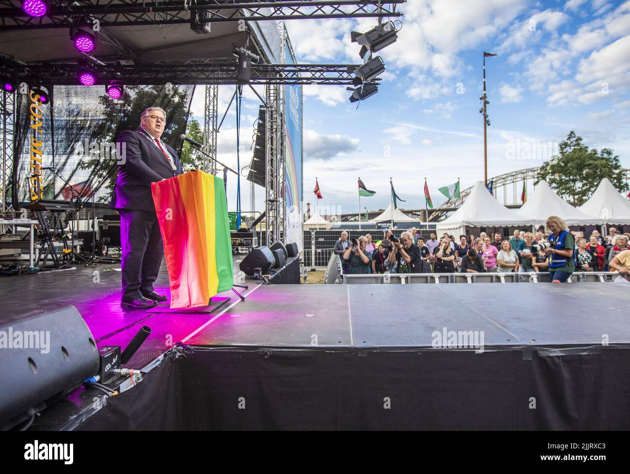 2022-07-27 19:58:10 NIJMEGEN - Mayor Hubert Bruls speaks during the opening of the EuroGames on the Waalkade. The LGBTQI+ sporting event is organized in a different city in Europe every year. ANP EVA PLEVIER netherlands out - belgium out Stock Photo