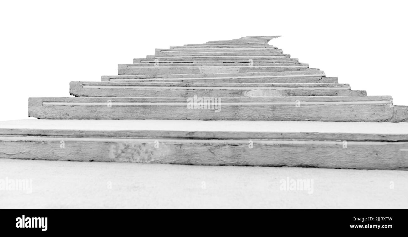 Concrete stairs isolated on white background. Success, moving ahead, personal and professional development concept. Abstract steps. Wide staircase. High quality photo Stock Photo