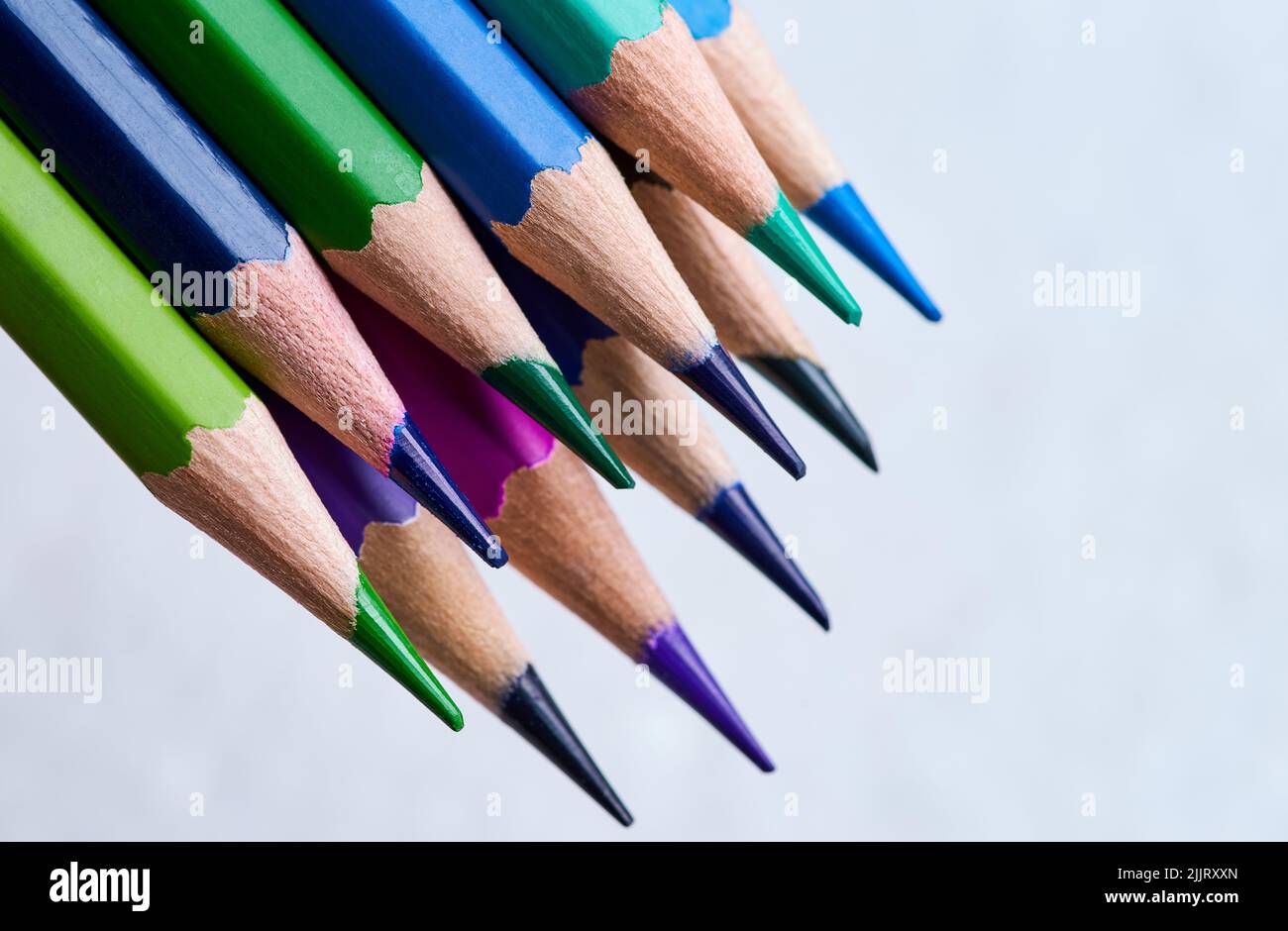 Color pencils in a cool tone on the white background Stock Photo