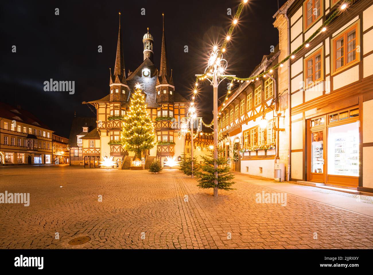 Panorama Wernigerode Christmas market at night. Christmas lights Stock Photo