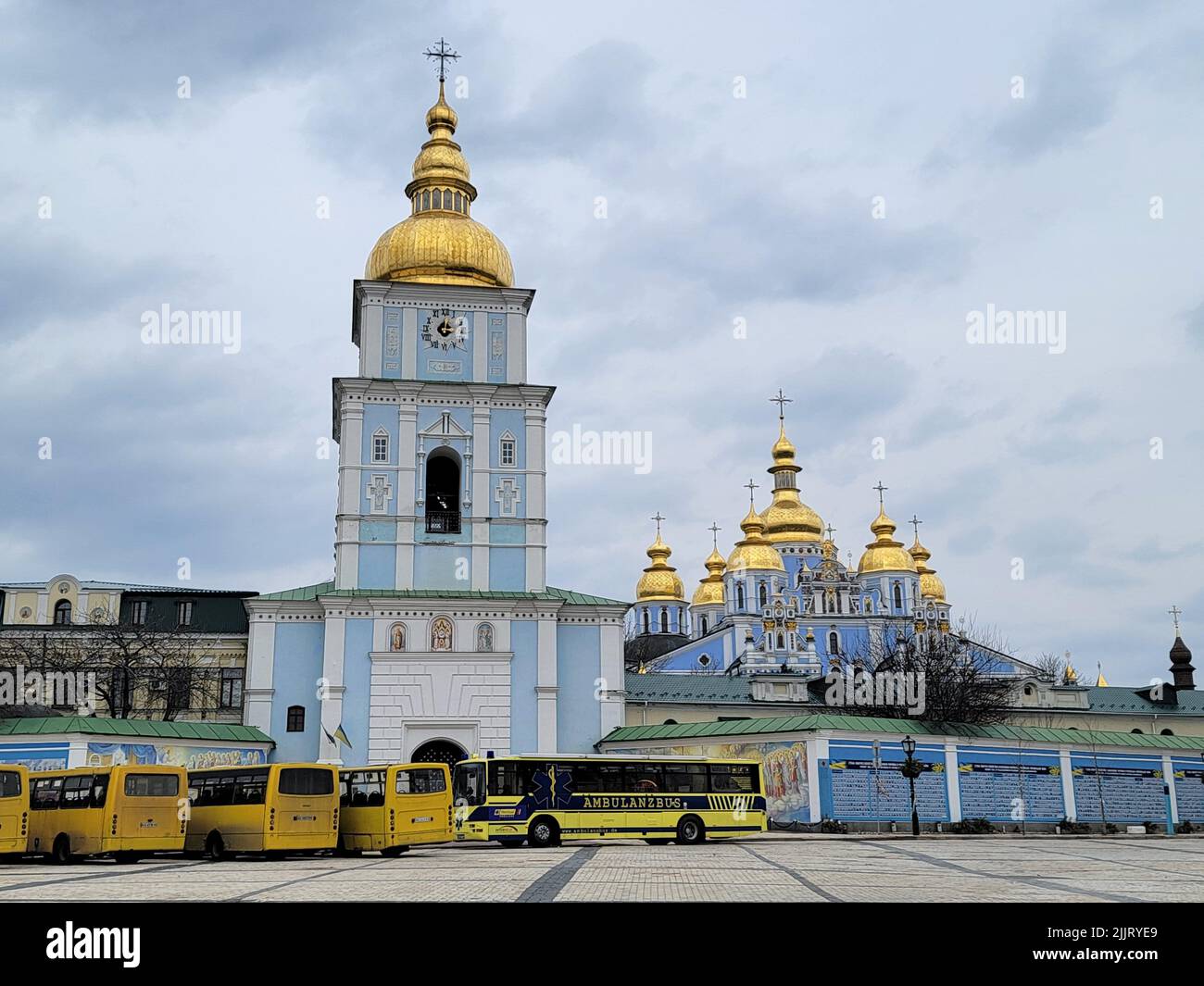 The ambulance buses in front of St. Michael's Golden-Domed Monastery in Kyiv, Ukraine. Stock Photo