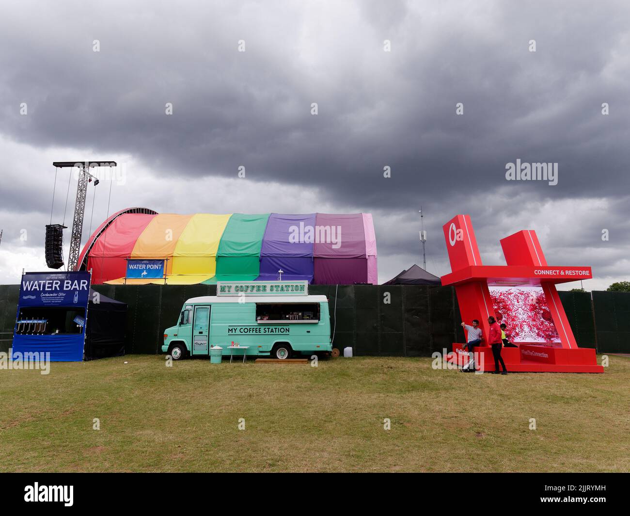 London, Greater London, England, June 30 2022: Coffee van and the side of a music stage at BST Hyde Park. Stock Photo