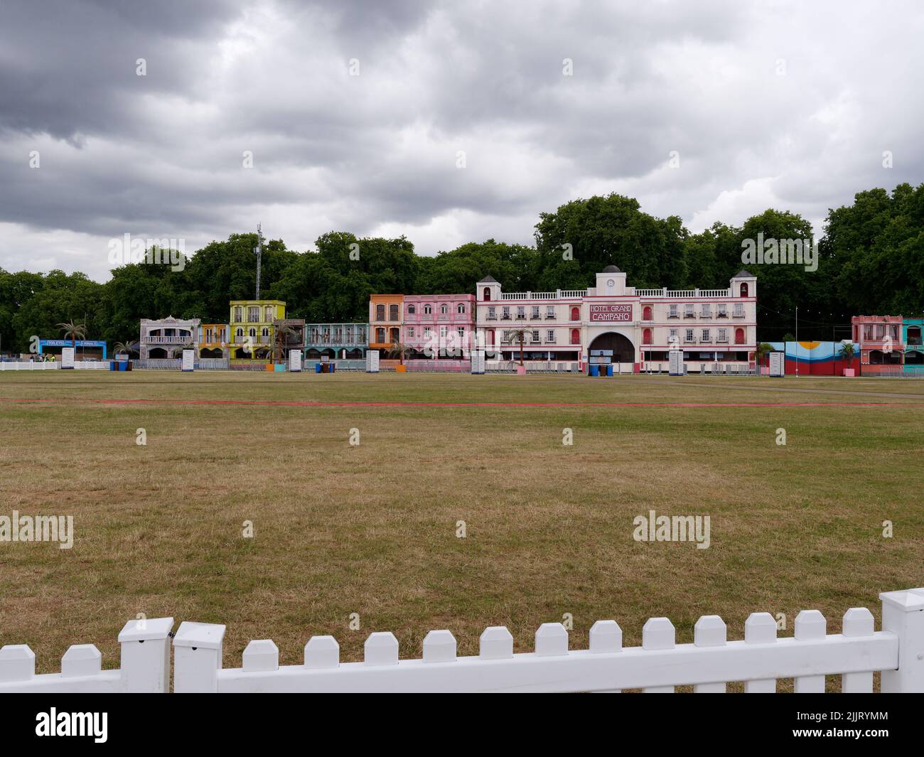 London, Greater London, England, June 30 2022: Temporary buildings housing cinema and food stalls as part of the BST Hyde Park complex concert venue. Stock Photo