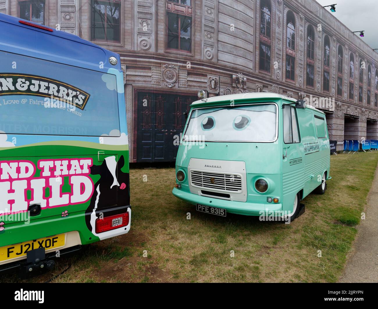 London, Greater London, England, June 30 2022: Novelty coffee van with eyes on the windscreen and the back of an ice cream van at BST Hyde Park concer Stock Photo