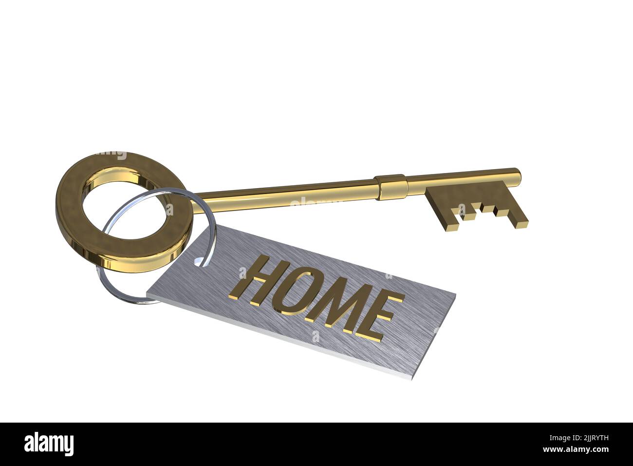 key to home concept gold 3D key with key ring tag with text word words home concept cut out isolated on white background Stock Photo