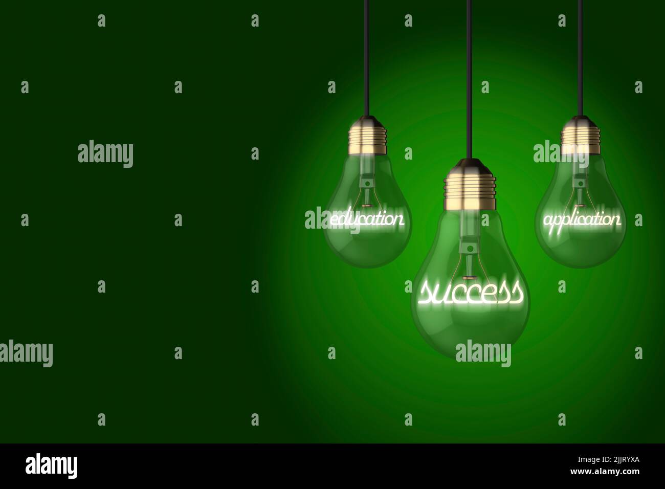 Education concept old style light bulb light bulbs education application success concept glowing text on a green background Stock Photo