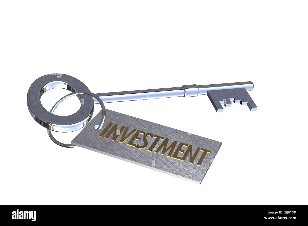 key to investment concept silver 3D key with key ring tag with text word words investment concept cut out isolated on white background Stock Photo