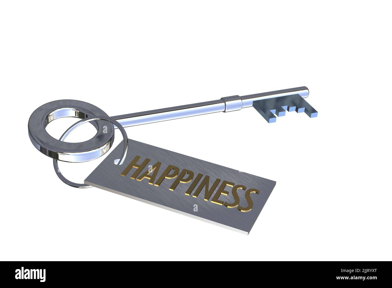 key to happiness concept silver 3D key with key ring tag with text word words happiness concept cut out isolated on white background Stock Photo