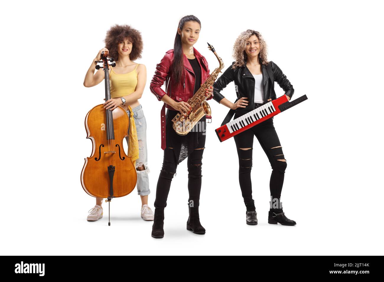 Band of young trendy female musicians with a cello, sax and a keytar isolated on white background Stock Photo
