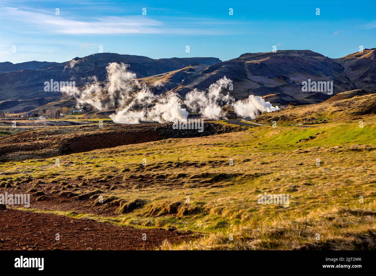 Geothermal steam coming fron vents in the ground near to Hveragerdi, Iceland Stock Photo