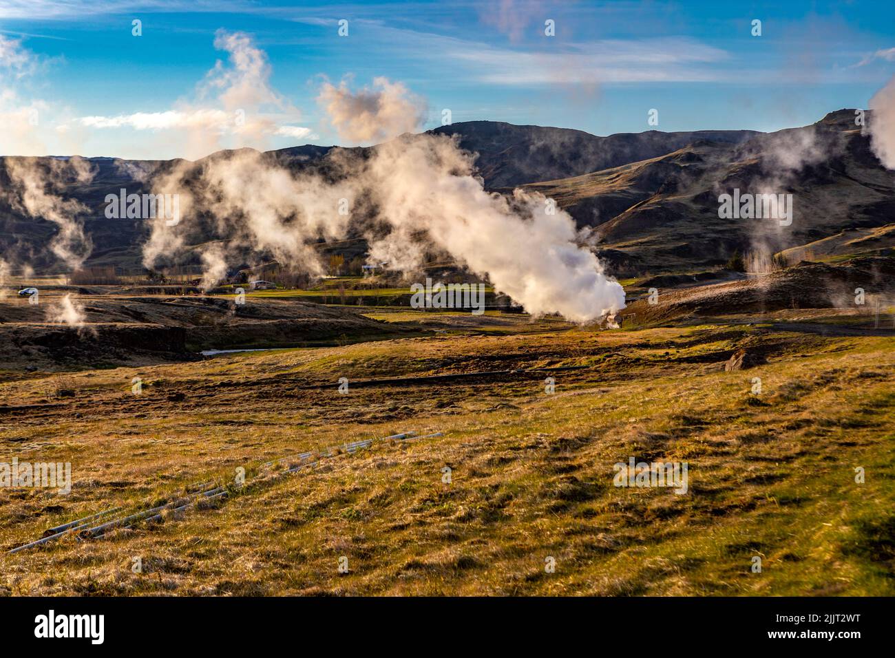 Geothermal steam coming fron vents in the ground near to Hveragerdi, Iceland Stock Photo