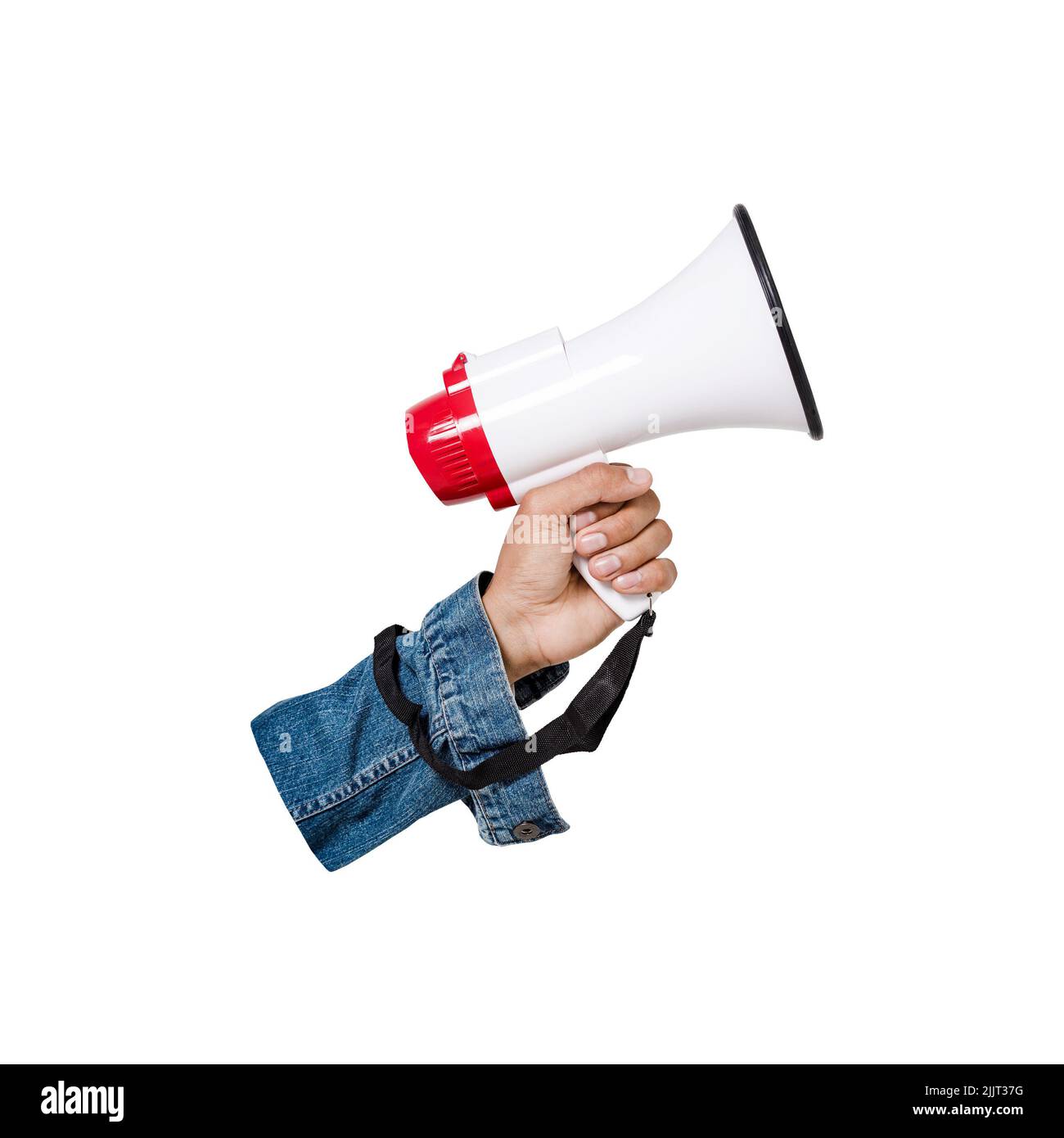 Close up of human hand with megaphone isolated on white background ...