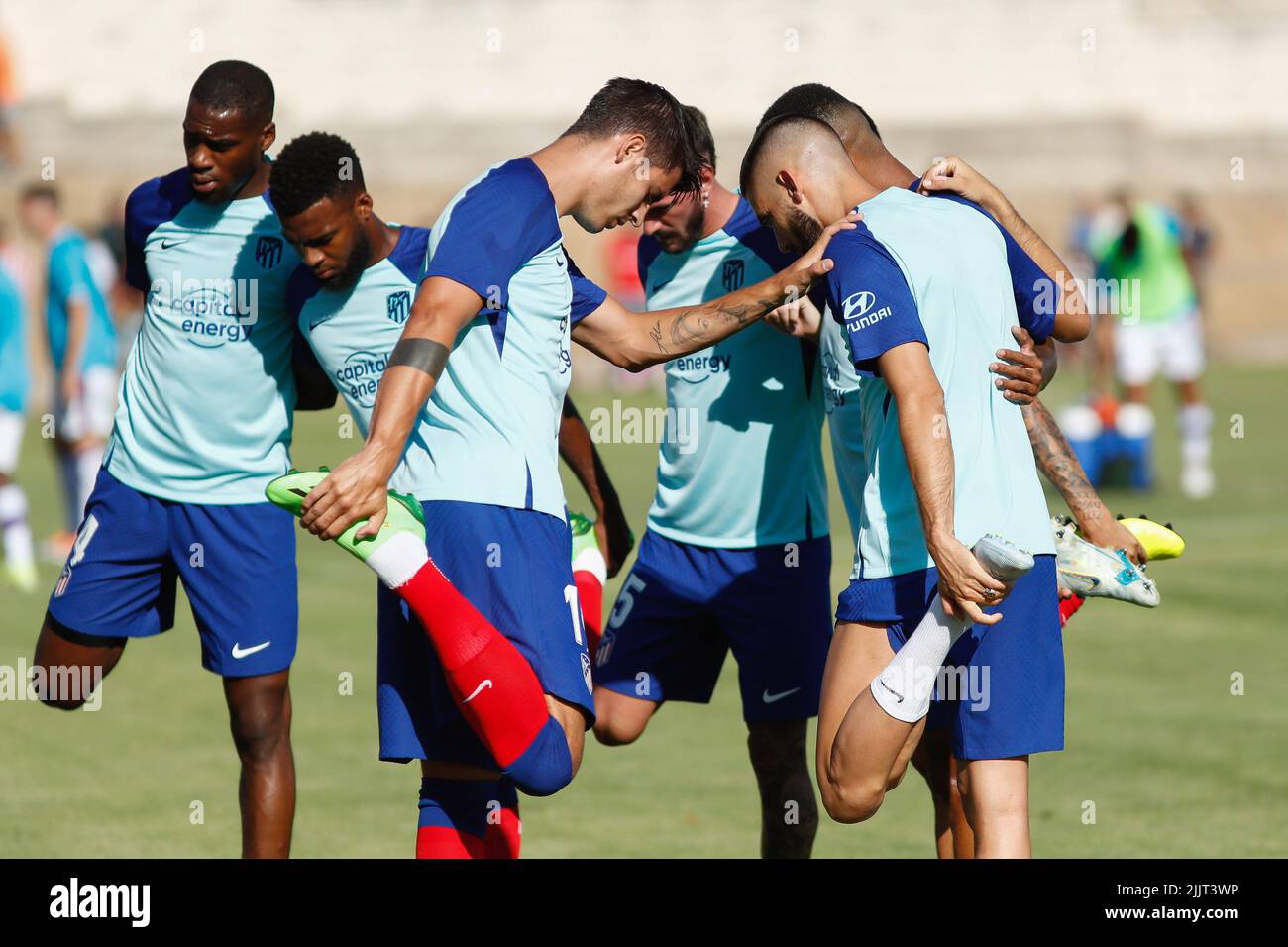 Alvaro Morata and Yannick Carrasco of Atletico de Madrid warm up during the pre season friendly football match between Numancia and Atletico de Madrid on July 27 2022 at Sporting Uxama stadium