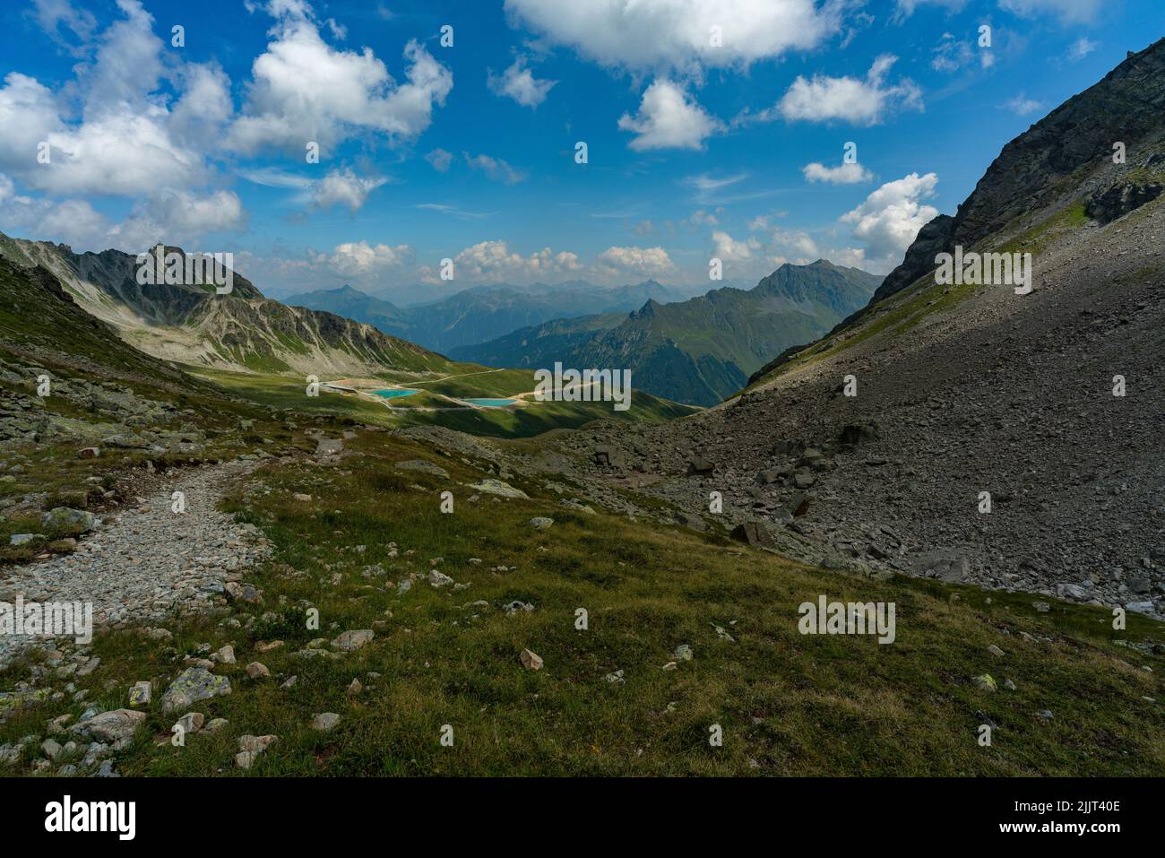 alpine Blumen und Gras zwischen Geröll und Steine auf dem Schafberg von Gargellen. im Hintergrund die Berge vom Arlberg und Montafon, zwei Staubecken Stock Photo