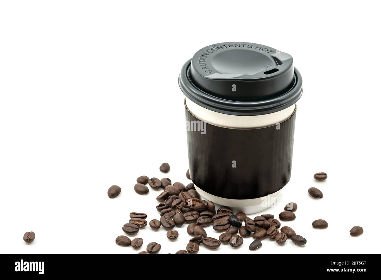 Takeaway a hot coffee cup with black cap and black cup paper holder, coffee beans is spread close to the cup. Empty space on the cup for design. Isola Stock Photo