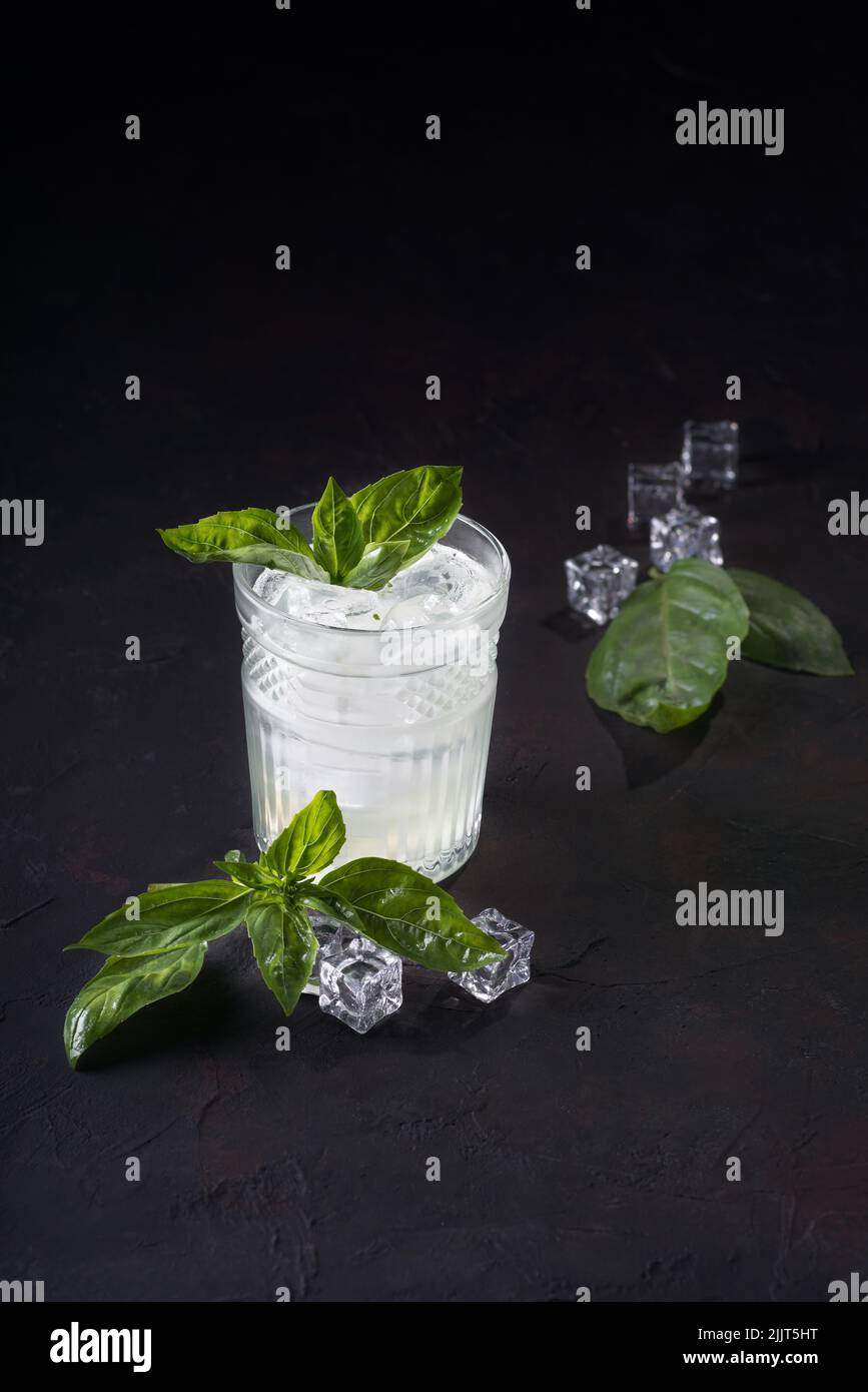 Gin or vodka with mint slices of lemon and ice on a dark background. Alcohol cocktail with citrus and basil. Copy space. Stock Photo