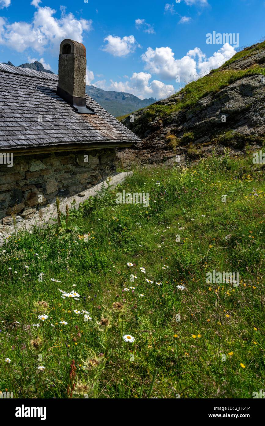 steinerne Hütte auf dem Schafberg von Gargellen, auf einer blumenübersäten Wiese am steilen Abhang. Sommer in den Bergen. Haus mit Kreuz Stock Photo