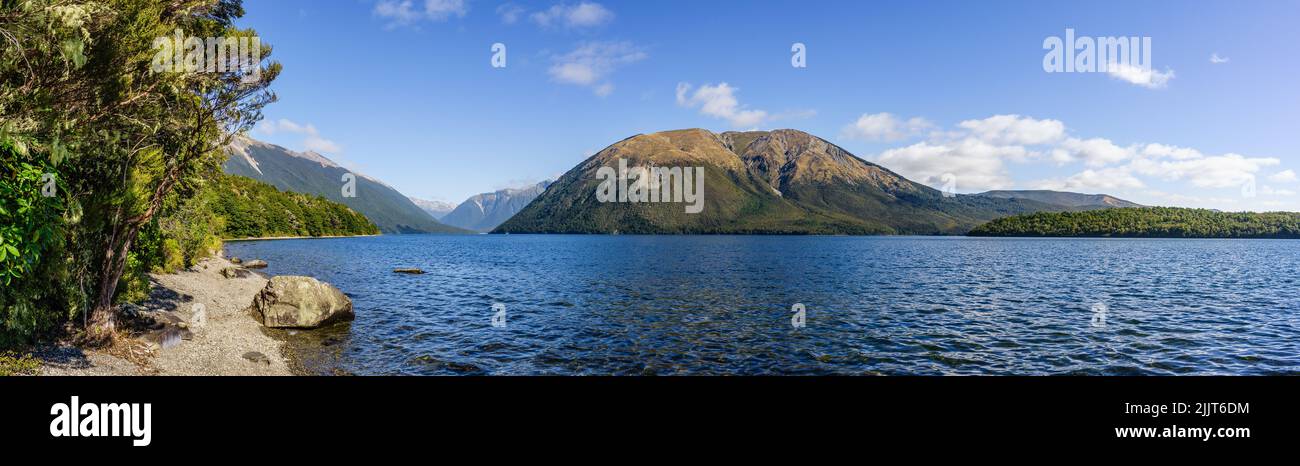 A panoramic view of the Nelson Lakes National park in New Zealand Stock Photo