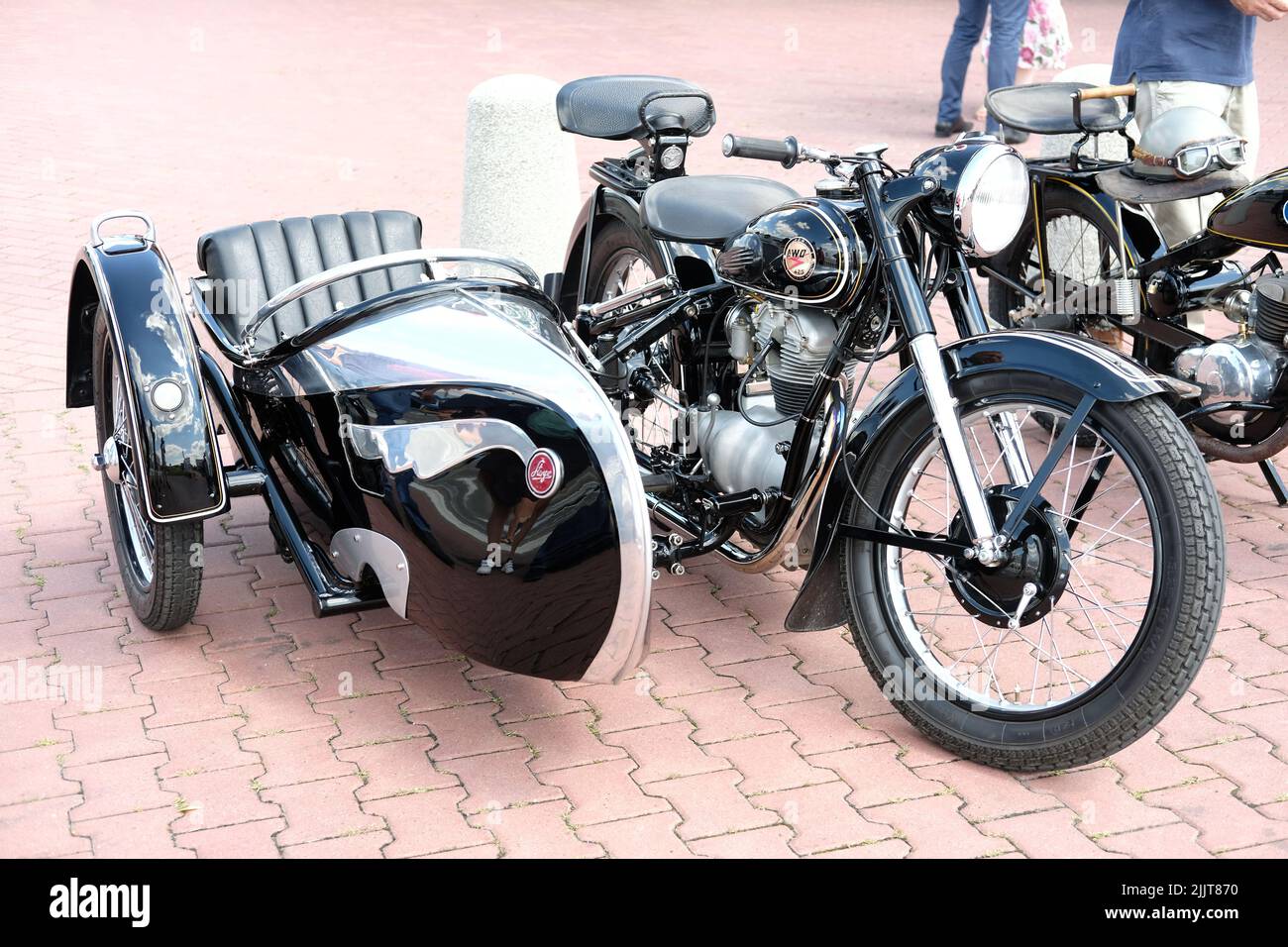 Lublin, Poland. 24 July 2022. Old German plunger framedSimson AWO425 motorcycle with sidecar Stock Photo