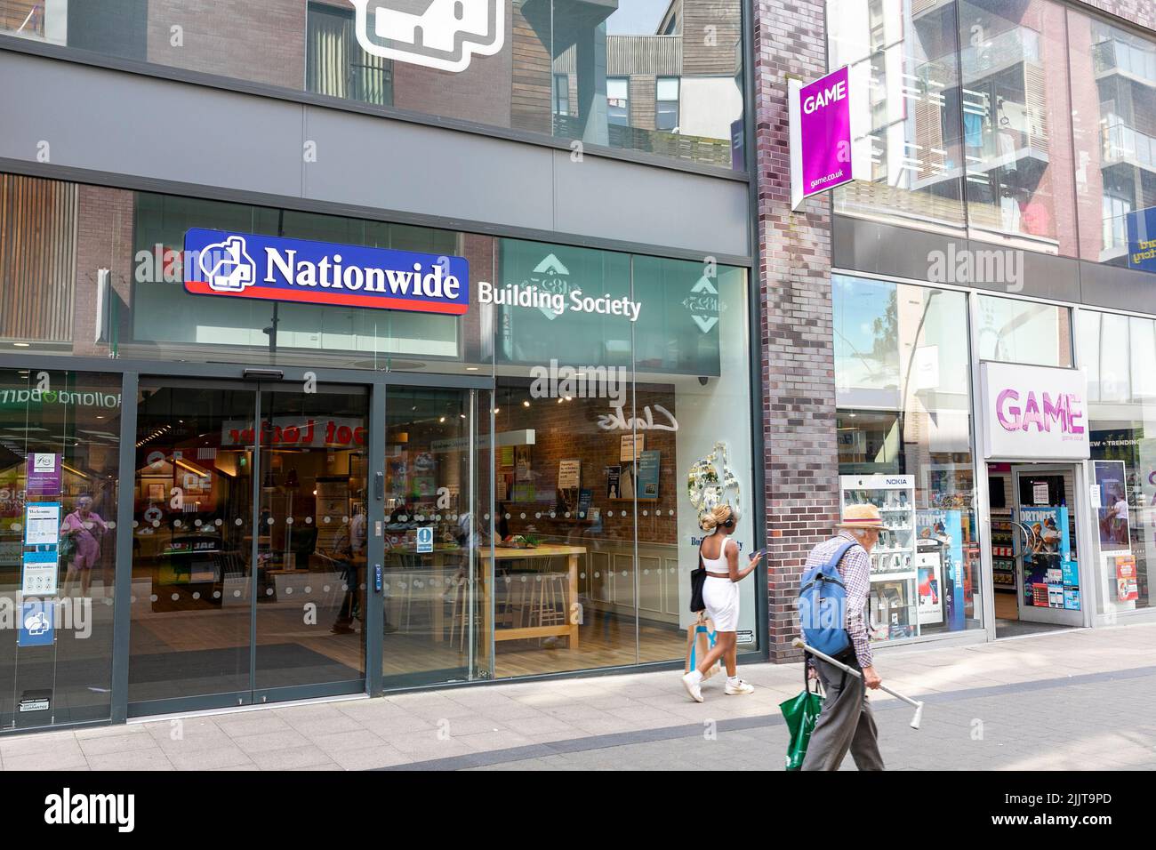 Nationwide Building Society and GAME store in the Rock shopping area of Bury town centre,Greater Manchester,summer 2022,England,UK Stock Photo
