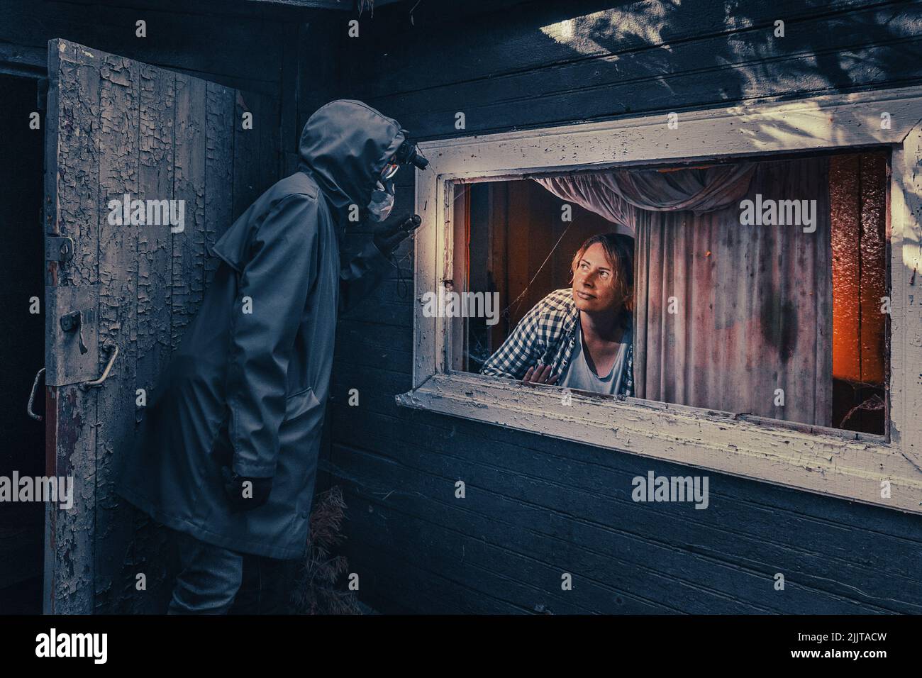 Fictional movie poster. People with flashlights, masks and protective