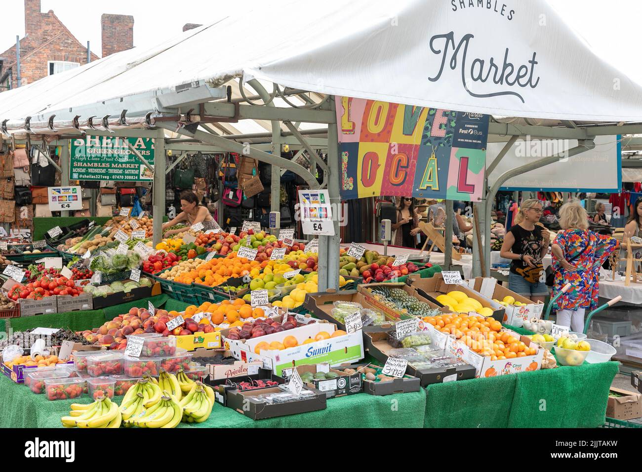 City of York, fruit stall at Shambles markets, selling fresh and local fruit produce,Yorkshire,England,UK,summer 2022 Stock Photo